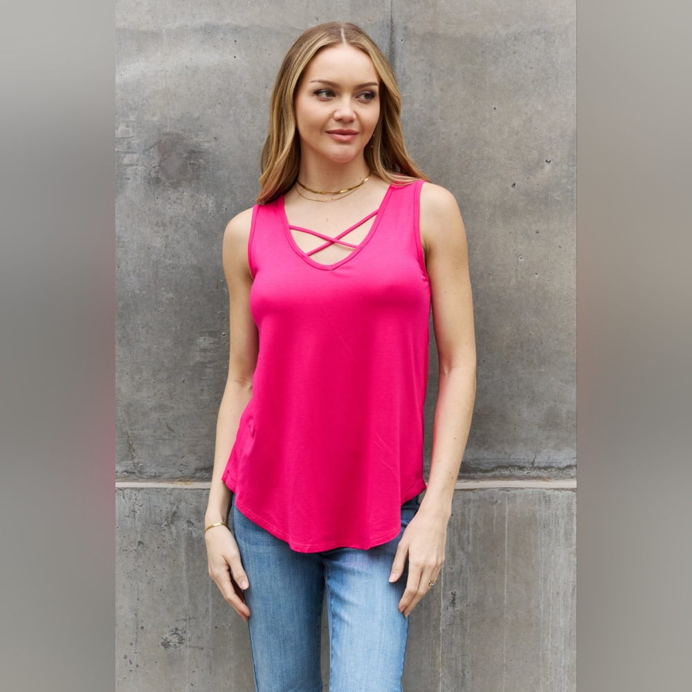 BOMBOM Criss Cross Front Detail Sleeveless Top in Hot Pink